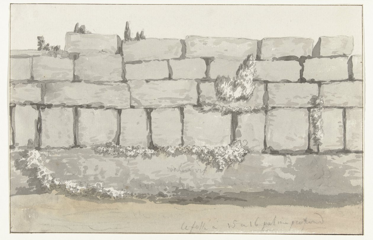 Ydersiden af ​​ydervæggen i det gamle tempel i den antikke by Manduria Struktur udvendig af mur udvendig af láncienne Mandurie Voyage en Italy, og Sicile et à Malte - 1778 (serietitel) af Louis Ducros