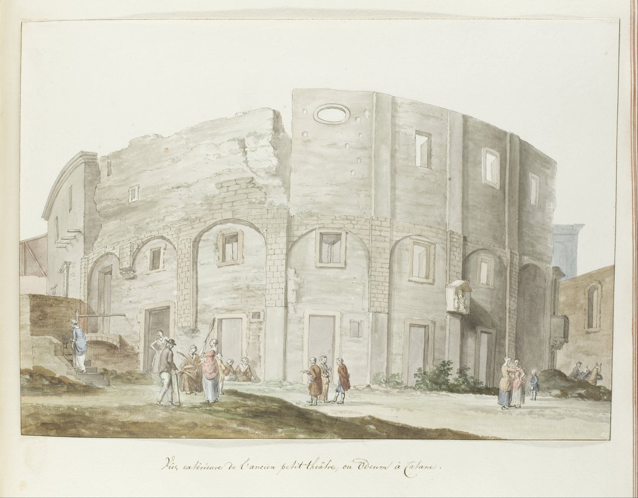 Buitenmuur van oude theater van Catanië Udvendig udsigt over det gamle lille teater eller Odeum i Catania (titel på objektet) Rejser i Italien, Sicilien og Malta - 1778 (serietitel) af Louis Ducros