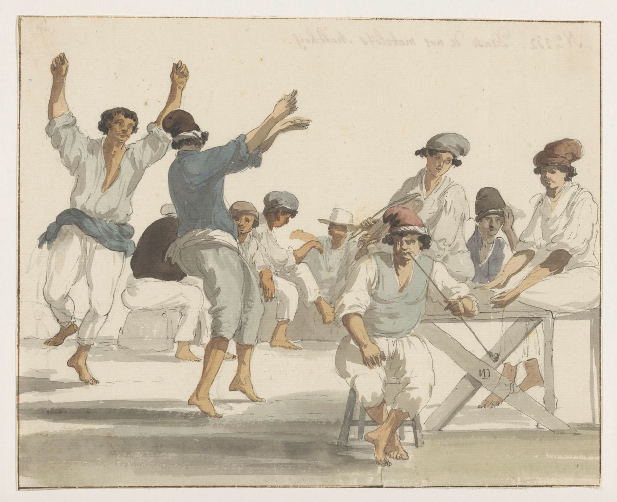 Dansende maltezer matrozen Dans af vores maltesiske sømænd (titel på objekt) Rejser i Italien, Sicilien og Malta - 1778 (serietitel) af Louis Ducros