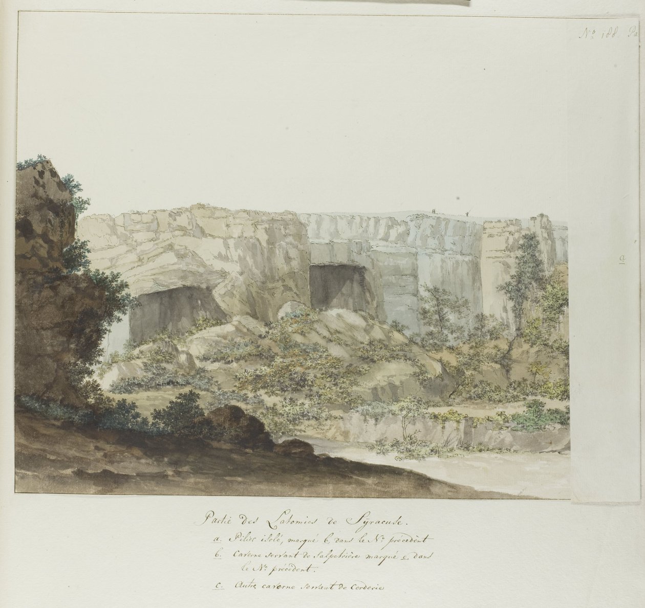 Gedeelte van Latomies hule ved Syracuse En del af Latomies of Syracuse (titel på objekt) Rejser i Italien, Sicilien og Malta - 1778 (serietitel) af Louis Ducros