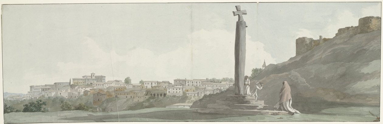 Se på Arriano og monument, kaldet altaar van Janus Udsigt over byen Arriano (Equotuticum), et gammelt monument kaldet Ianus-alter, og den ødelagte fæstning (titel på objektet) Rejser i Italien, Sicilien og Malta - 1778 (serietitel) af Louis Ducros