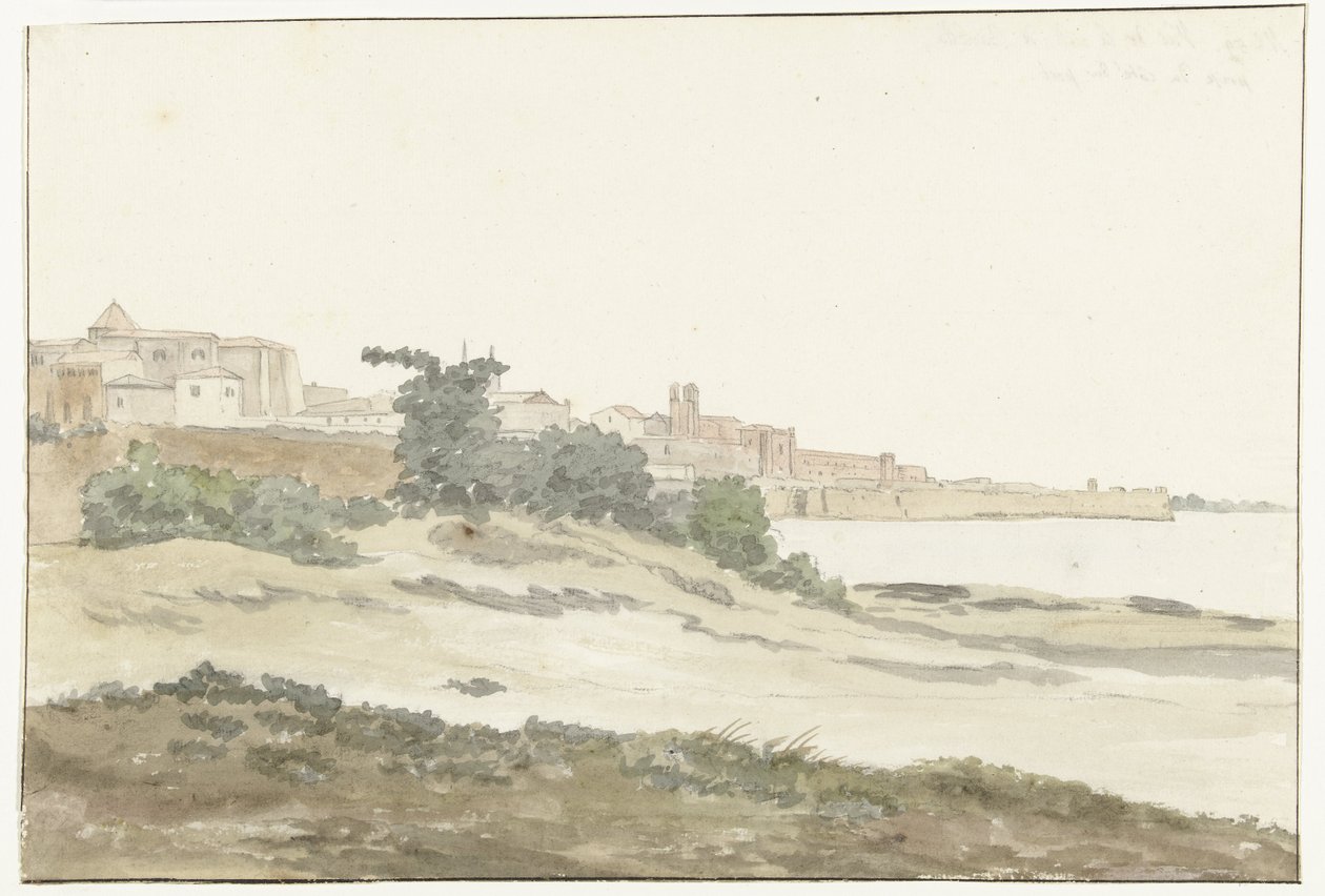 Udsigt op Barletta beliggende aan de kust Udsigt over byen Barletta taget fra havkysten (titel på objektet) Rejser i Italien, Sicilien og Malta - 1778 (serietitel) af Louis Ducros
