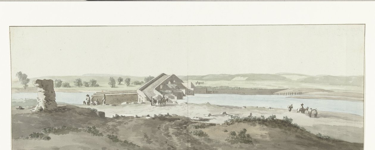 Gezicht på Canosa-broen over Ofanto-floden i Puglia Udsigt over Pont de Canosa over Ofanto (Aufidus) (titel på objekt) Rejse til Italien, Sicilien og Malta - 1778 (serietitel) af Louis Ducros