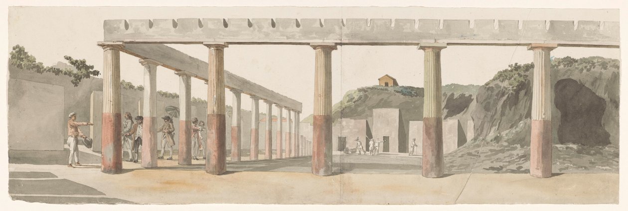 Udsigt over romerske kaserner og søjlegange i Pompeji Vue des Casernes Romaines & de la Colonnade de Pompeja (titel på objekt) Voyage en Italy, og Sicile et à Malte - 1778 (serietitel) af Louis Ducros