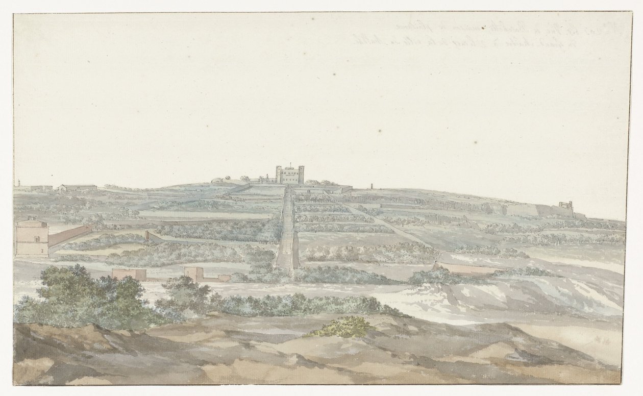Udsigt over Stormesterens Vedala Palace, beliggende i Boschetto på Malta Vue de Boschetto, maison de plaisance du Grand-Maître, à 2 lieus de la ville de Malthe (titel på objektet) Voyage en Italy, og Sicile et à Malte - 1778 (serietitel) af Louis Ducros