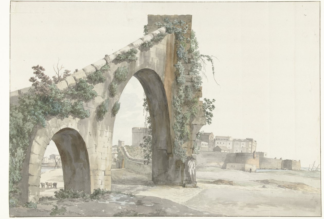 Se på akvadukten i byen Taranto Udsigt over akvadukten og byen Taranto (titel på objektet) Rejser i Italien, Sicilien og Malta - 1778 (serietitel) af Louis Ducros