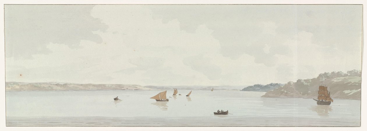 Se en del af Mare Piccolo Udsigt over en del af Mare Piccolo, hvor var placeringen af ​​den gamle bro, mundingen af ​​Galesus (titel på objektet) Rejser i Italien, Sicilien og Malta - 1778 (serietitel) af Louis Ducros