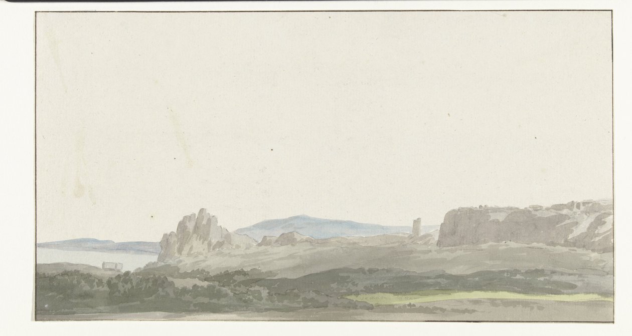 Se på en rots ved Golf van Tarente i nærheden af ​​Gallipoli Udsigt fra en klippe ved Taranto-bugten i nærheden af ​​Gallipoli (titel på objektet) Rejser i Italien, Sicilien og Malta - 1778 (serietitel) af Louis Ducros