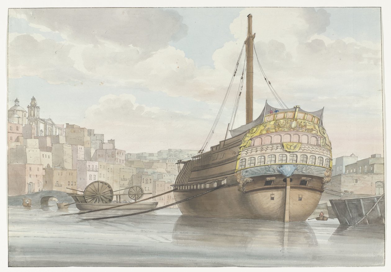 Udsigt over haven med galei schip vlakbij de werf Set fra neden af ​​Port des Galères i Malthe, taget fra værftet (titel på objekt) Rejser i Italien, Sicilien og Malta - 1778 (serietitel) af Louis Ducros