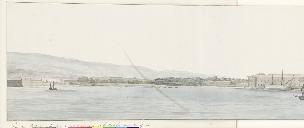 Udsigt over haven af ​​Messina og bergen fra Calabrië fra kade Udsigt over havnen i Messina og bjergene i Calabrien, taget fra kajen (titel på objektet) Rejser i Italien, Sicilien og Malta - 1778 (serietitel) af Louis Ducros