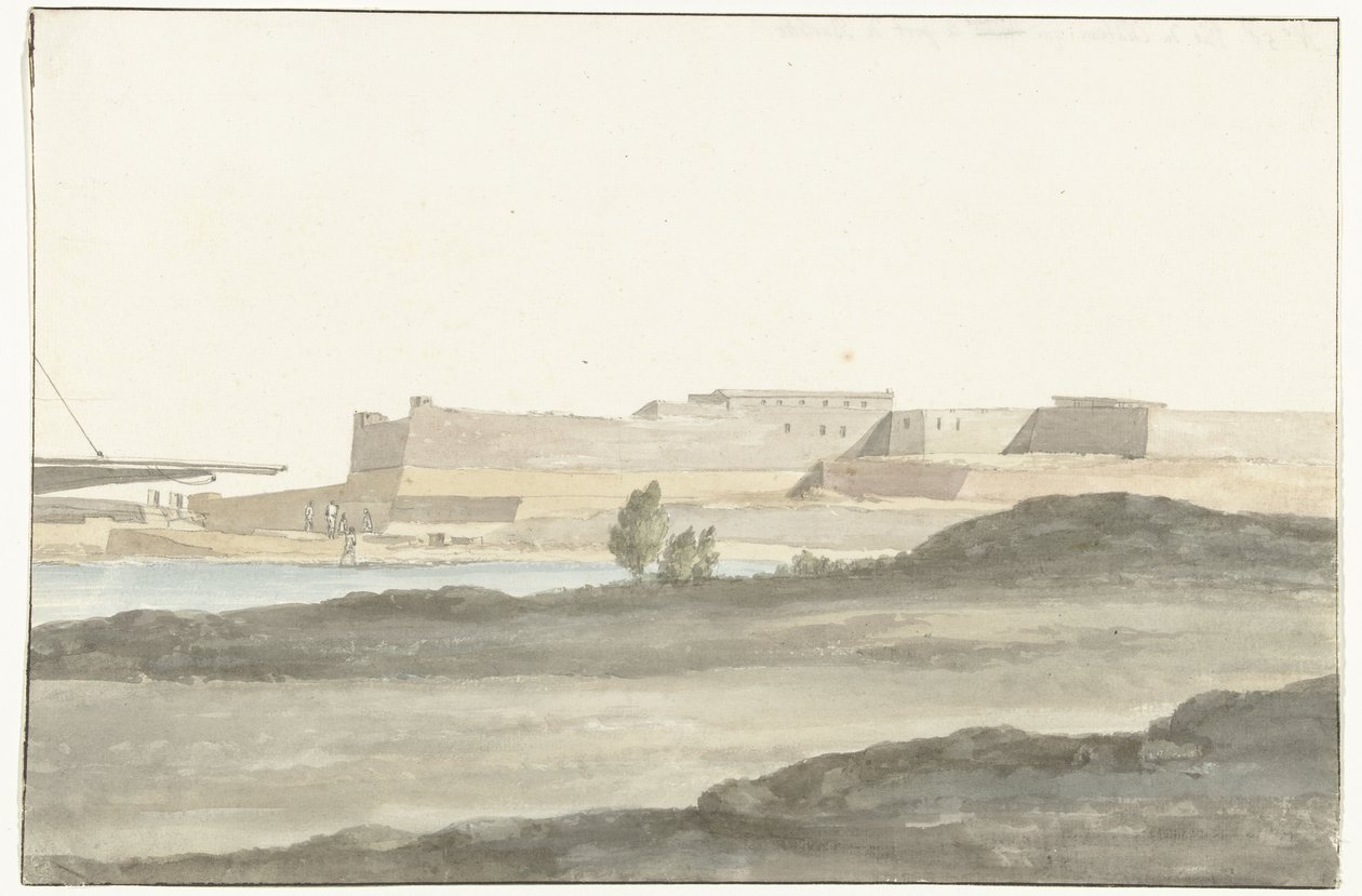 Udsigt over slottet i havnen i Barletta Vue du Château, qui domine le port de Barletta (titel på objektet) Voyage en Italy, og Sicile et à Malte - 1778 (serietitel) af Louis Ducros