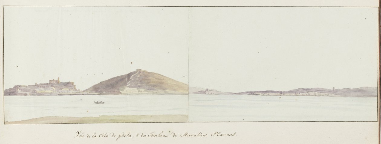 Se på kysten af ​​Gaeta og mausoleum af Munatius Plancus (Lucio Munazio Planco) Vue de la côte de Gaëta, & du Tombeau de Munatius Plancus (titel på objekt) Voyage en Italie, en Sicile et à Malte - 1778 (serietitel) af Louis Ducros