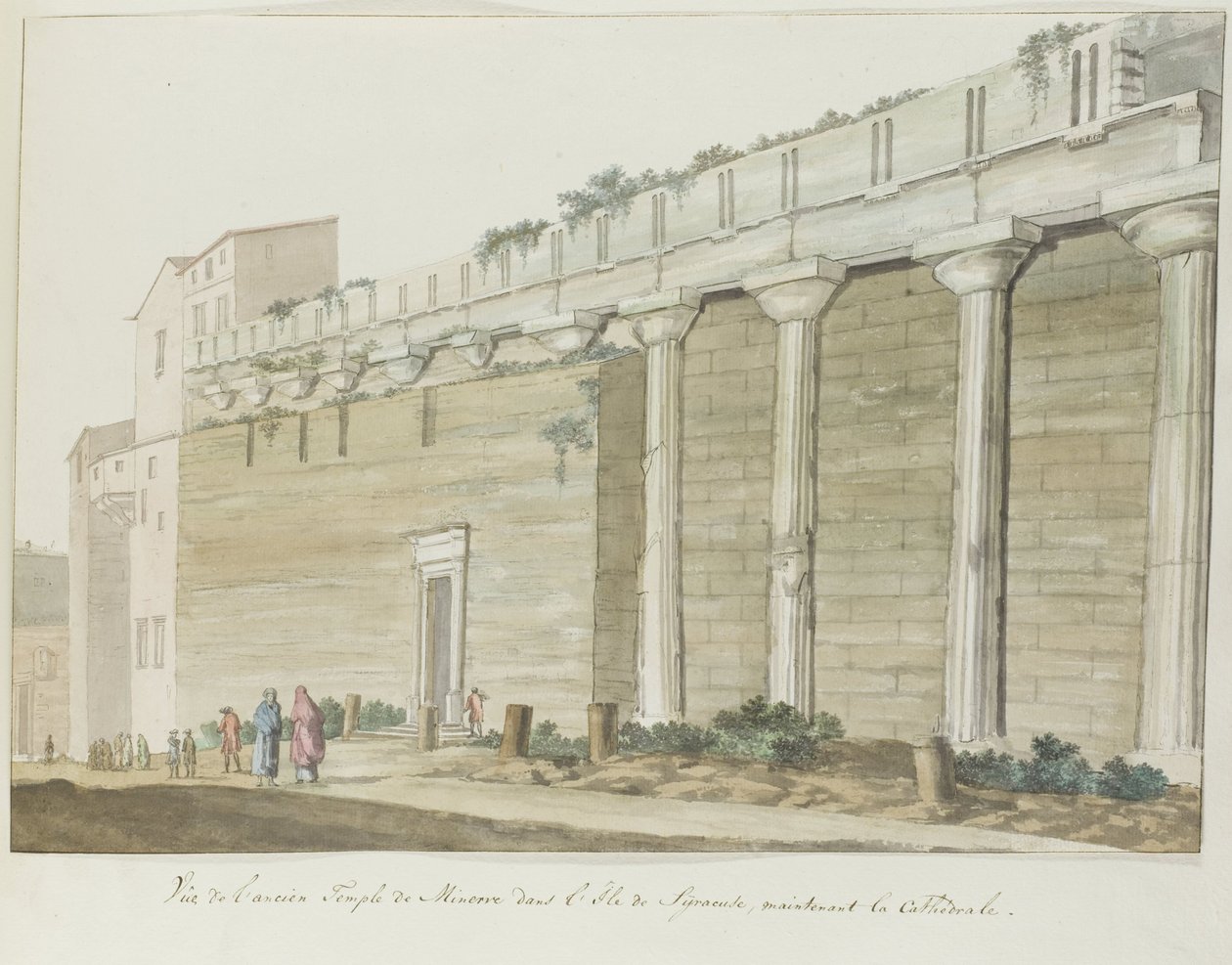 Se det gamle Minerva-tempel på øen Syracuse Udsigt over det gamle Minerva-tempel på øen Syracuse (titel på objektet) Rejser i Italien, Sicilien og Malta - 1778 (serietitel) af Louis Ducros