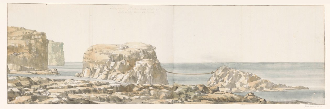 Udsigt på rots losgeraakt van kust i inham van Gozo Udsigt over en klippe løsrevet fra kysten af ​​Ghozo i Anse kaldet Calata Dulyra (titel på objektet) Rejser i Italien, Sicilien og Malta - 1778 (serietitel) af Louis Ducros