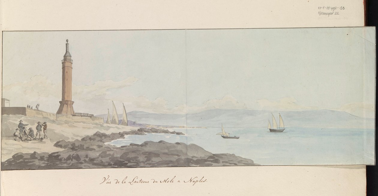 Udsigt over fyrtårnet ved havnehovedet i Napoli Vue de la Lanterne du Mole à Napoli (titel på objekt) Voyage en Italy, og Sicile et à Malte - 1778 (serietitel) af Louis Ducros