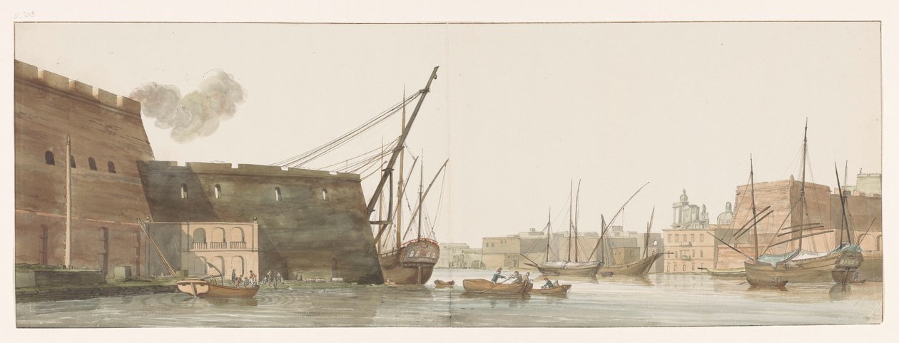 Udsigt på werf i haven af ​​galei schepen på Malta Udsigt over værftet i havnen i Galleys på Malta (titel på objektet) Rejser i Italien, Sicilien og Malta - 1778 (serietitel) af Louis Ducros
