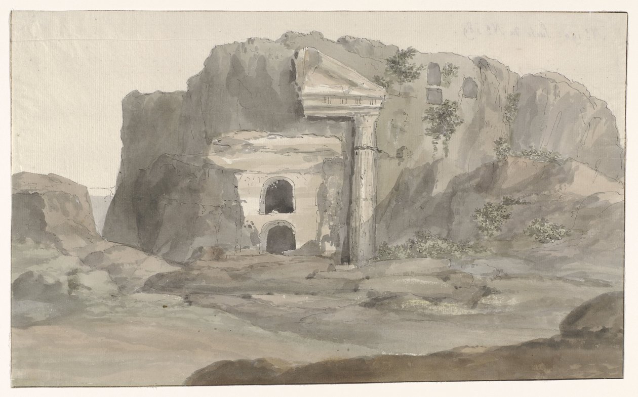 Grave med facade i dorisk stil hugget ind i klippen nær Syracuse Voyage en Italy, og Sicile et à Malte - 1778 (serietitel) af Louis Ducros