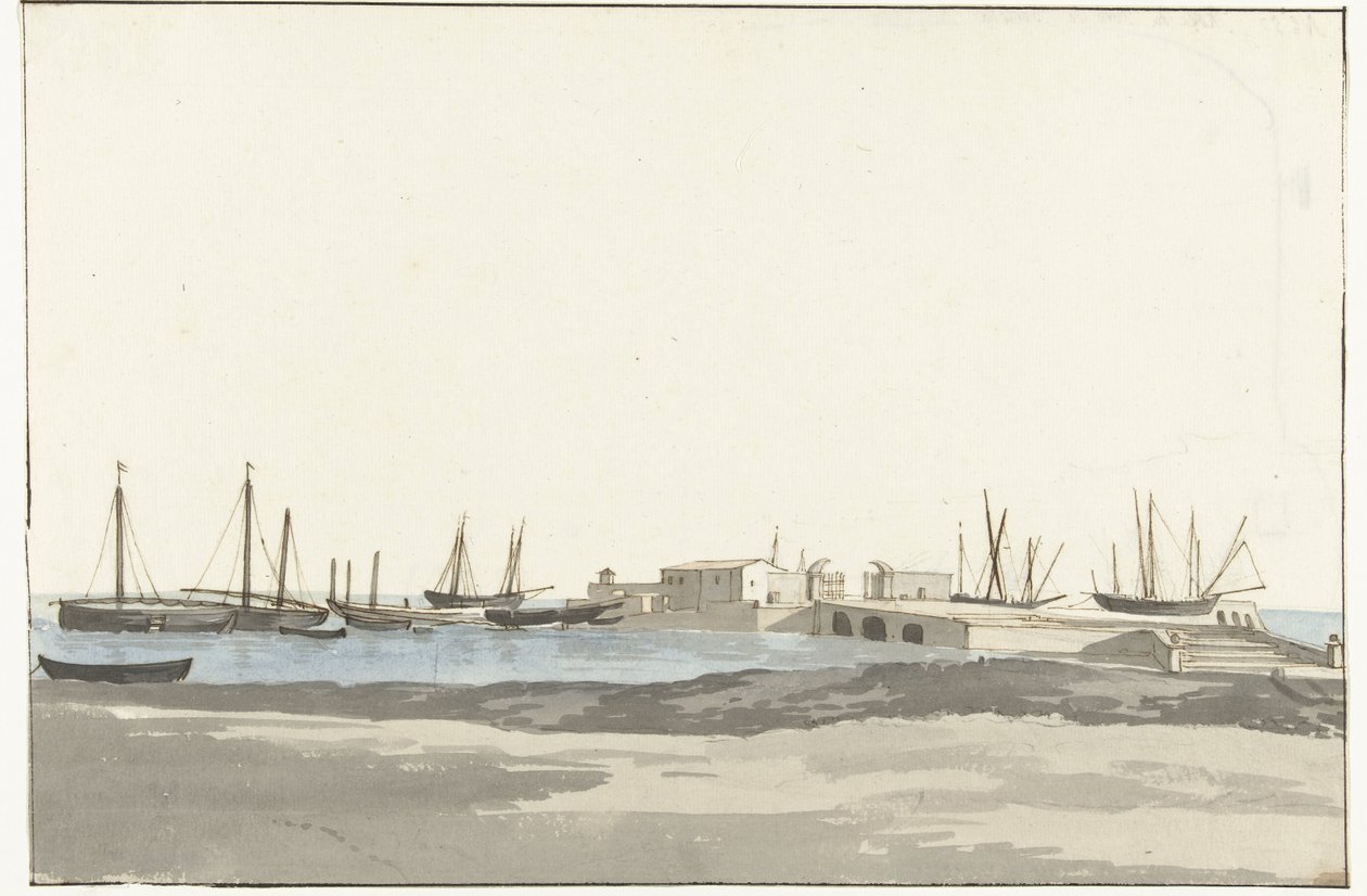 Havn i Barletta med skibe Mole du port de Barletta (titel på objekt) Voyage en Italy, og Sicile et à Malte - 1778 (serietitel) af Louis Ducros
