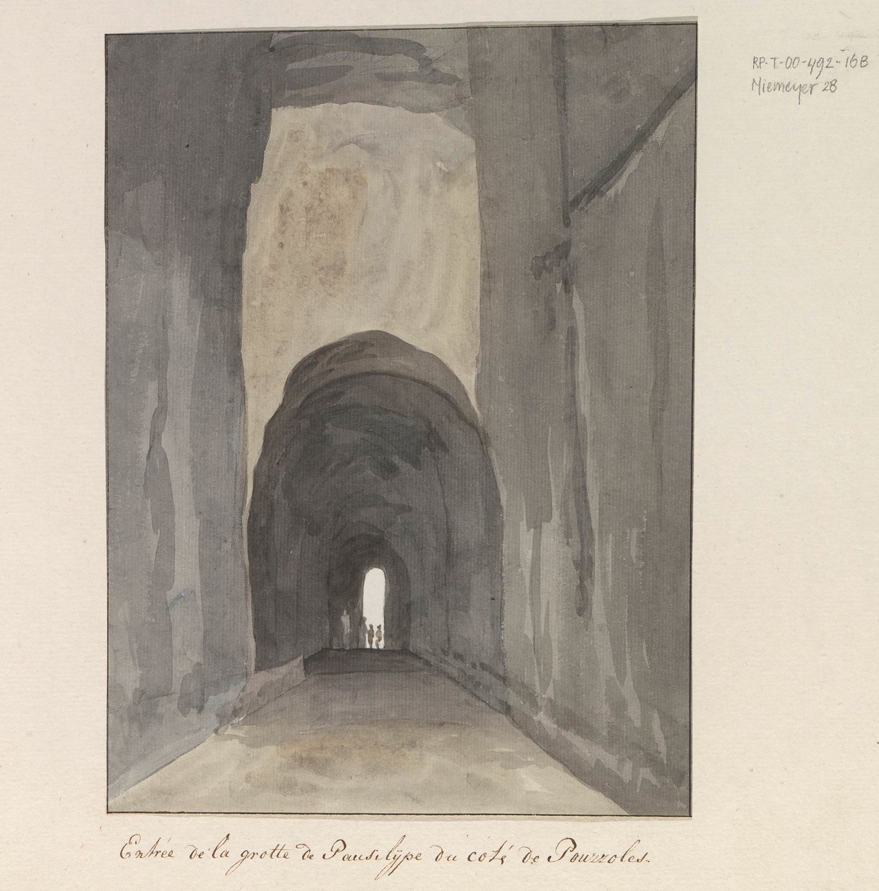 Ingang van grot Crypta Neapolitana (af Grotta di Posillipo) aan de kust van Pozzuoli Indgang til Pausilype-hulen nær Pozzuoli (titel på objektet) Rejser i Italien, Sicilien og Malta - 1778 (serietitel) af Louis Ducros