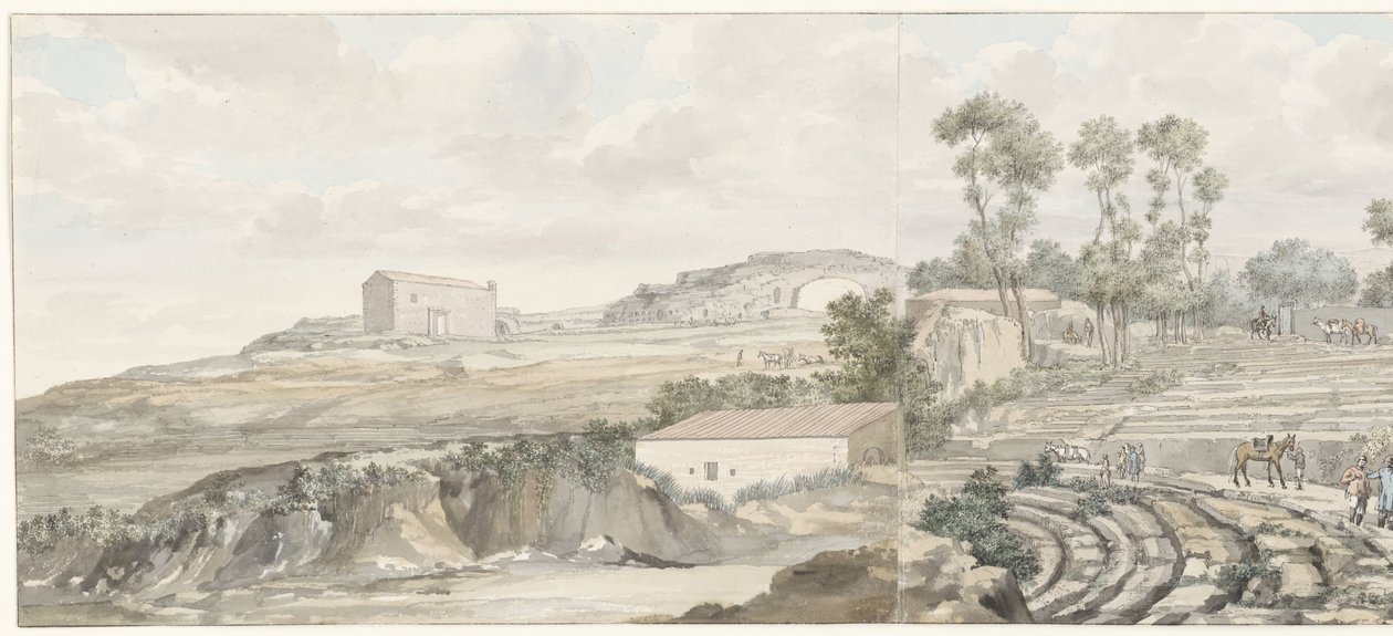 Interiør mødte trappen van teater i Syracuse Udsigt over interiøret og tribunen i Syracuse Theatre (titel på objektet) Rejser i Italien, Sicilien og Malta - 1778 (serietitel) af Louis Ducros