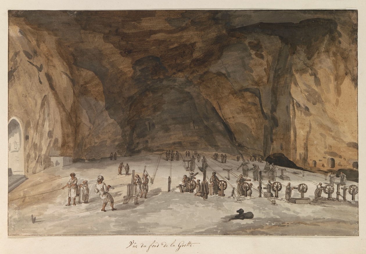 Interiør van grot Santa Maria Capella Udsigt fra bunden af ​​grotten (titel på objekt) Rejser i Italien, Sicilien og Malta - 1778 (serietitel) af Louis Ducros