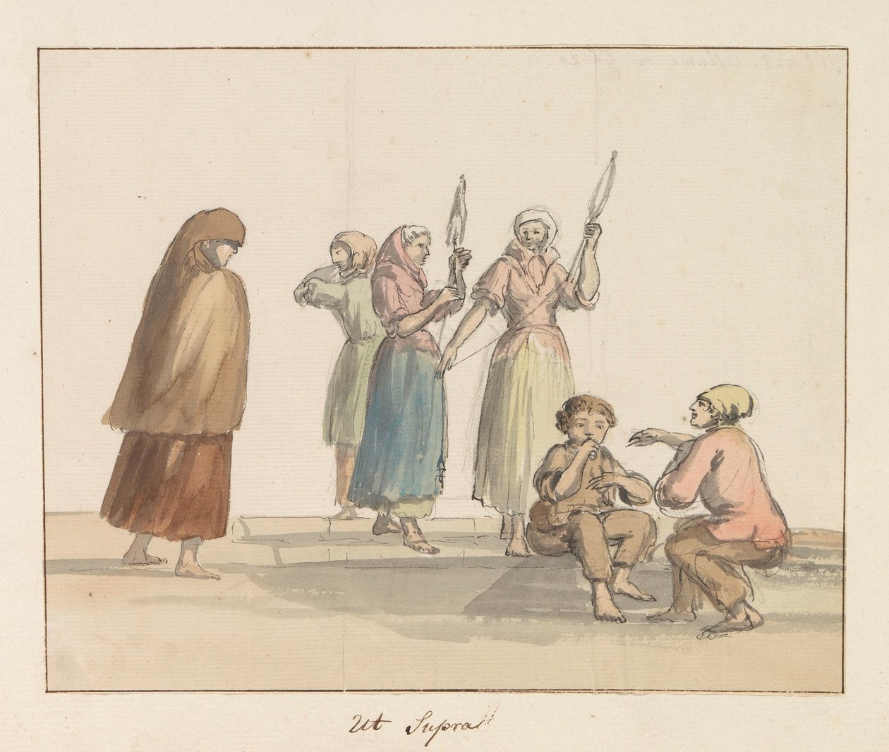 Traditionelle kostumer af øen Gozo Costume de Ghozo (titel på objekt) Voyage en Italy, og Sicile et à Malte - 1778 (serietitel) af Louis Ducros