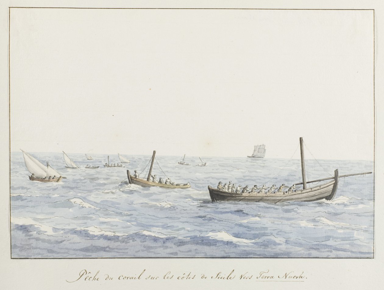 Koraalvissers voor de kyst af Sicilië ter højde af Terra Nuova Koralfiskeri på Siciliens kyster mod Terra Nuova (titel på objekt) Rejser i Italien, Sicilien og Malta - 1778 (serietitel) af Louis Ducros