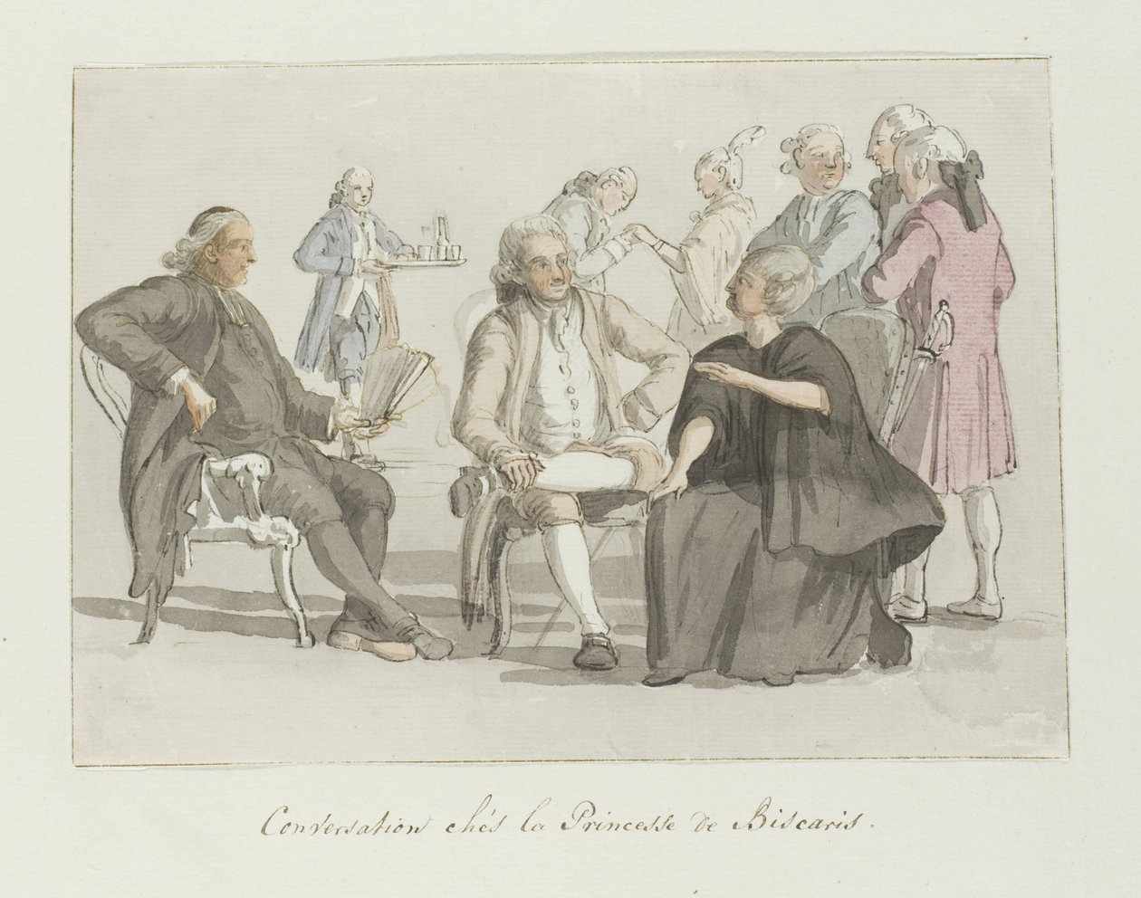 Medlemmer af rejsegruppen i samtale med prinsessen af ​​Biscaris Samtale chés la Princesse de Biscaris (titel på objekt) Voyage en Italy, og Sicile et à Malte - 1778 (serietitel) af Louis Ducros