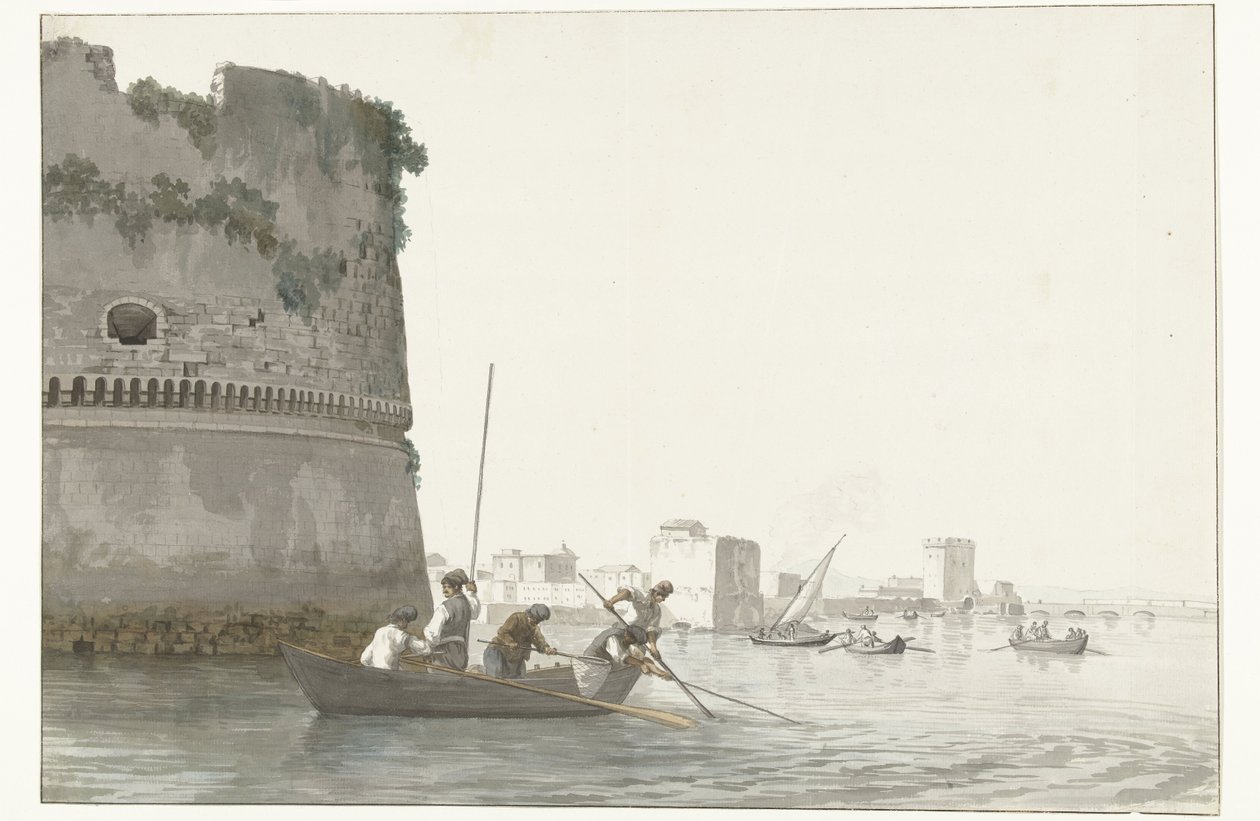 Mosselvissers op Mare Piccolo bij de vestingwerken van Taranto Fiskeri efter muslinger i Mare piccolo i Taranto set fra hjørnet af citadellet (titel på objektet) Rejser i Italien, Sicilien og Malta - 1778 (serietitel) af Louis Ducros