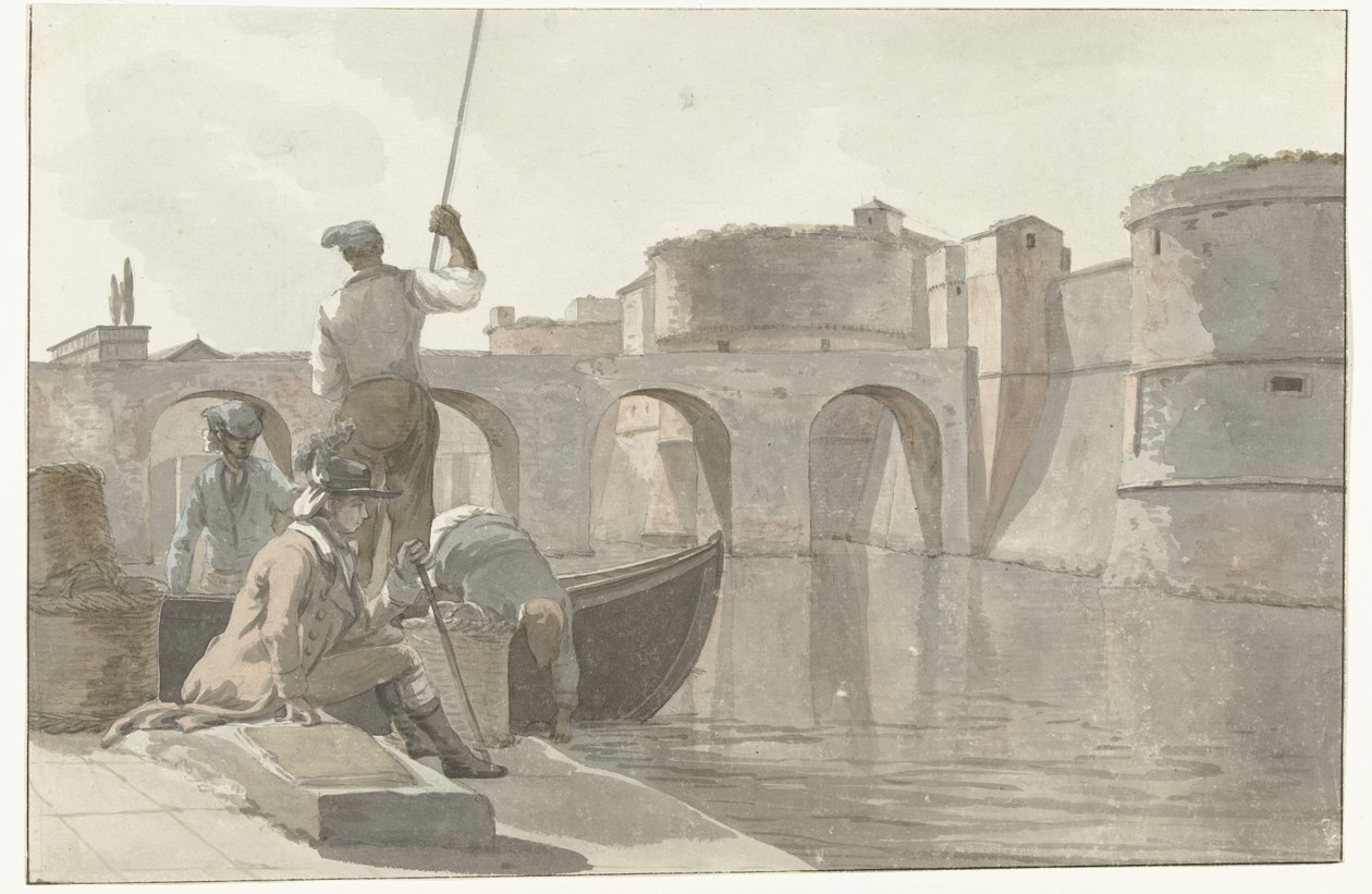 Ny vestingsgracht van de vestingwerken i Taranto Udsigt over den nye voldgrav i Citadel of Taranto (titel på objektet) Rejser i Italien, Sicilien og Malta - 1778 (serietitel) af Louis Ducros