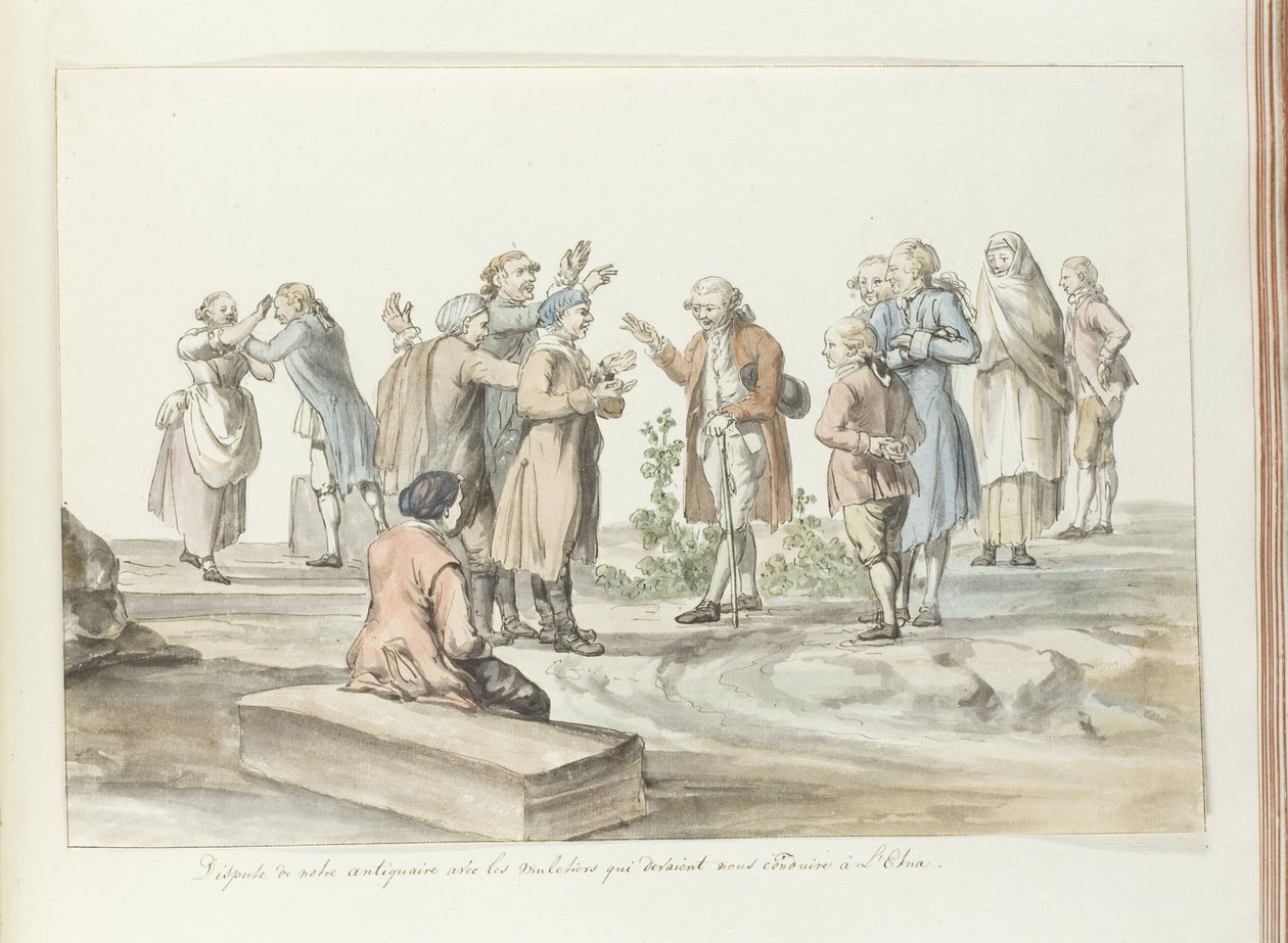 Forhandling mellem rejseleder og muldyrchauffører, som de tager til Etna med Dispute de notre antiquaire avec les muletiers qui devaient nous conduire à L