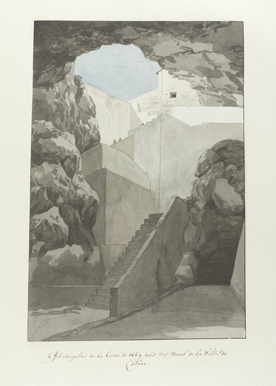 Bemærkelsesværdige lavasten fra 1669 ved Catanias bymur Effet singular de la lave de 1669 près des mur de Catane (titel på objektet) Voyage en Italy, og Sicile et à Malte - 1778 (serietitel) af Louis Ducros