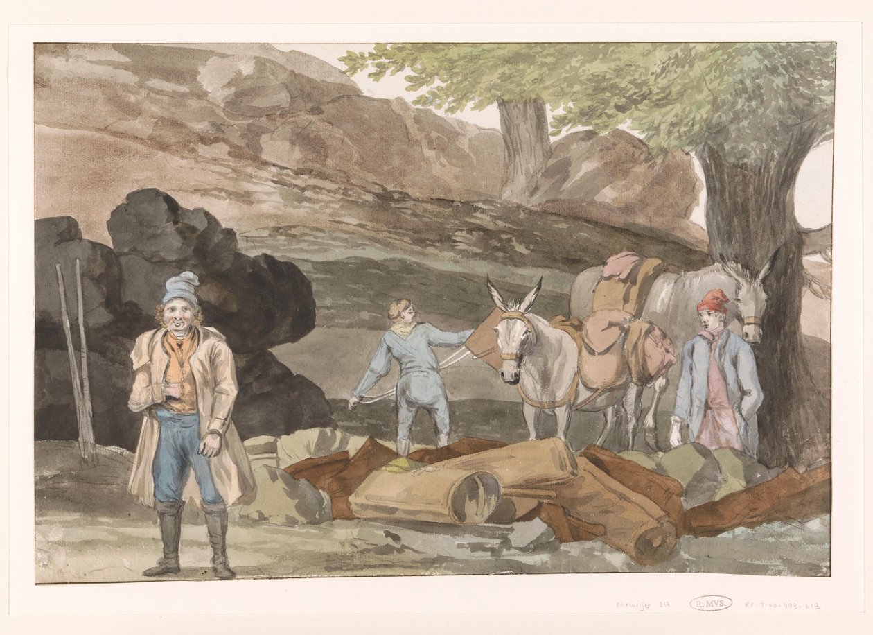 Oponthoud ved de Grotte delle Capre aan de grænser ved Nemorosa en Fredda Stop ved delle Capre-hulen på grænsen til de to regioner Nemorosa & Fredda (titel på objektet) Rejser i Italien, Sicilien og Malta - 1778 (serietitel) af Louis Ducros