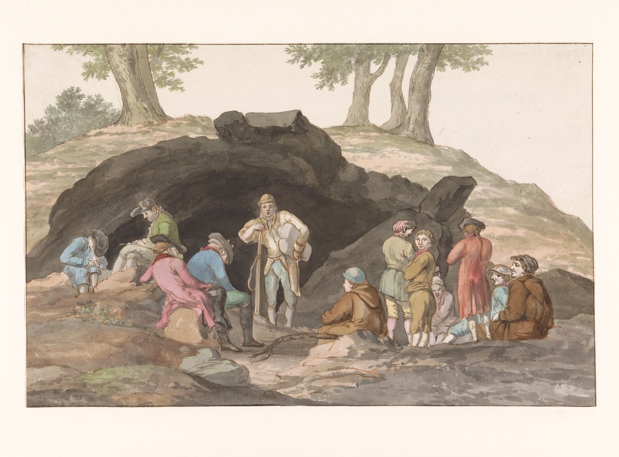 Stop ved Grotte delle Capre på grænsen ved Nemorosa og Fredda Hulens indre (titel på objekt) Voyage en Italy, og Sicile et à Malte - 1778 (serietitel) af Louis Ducros