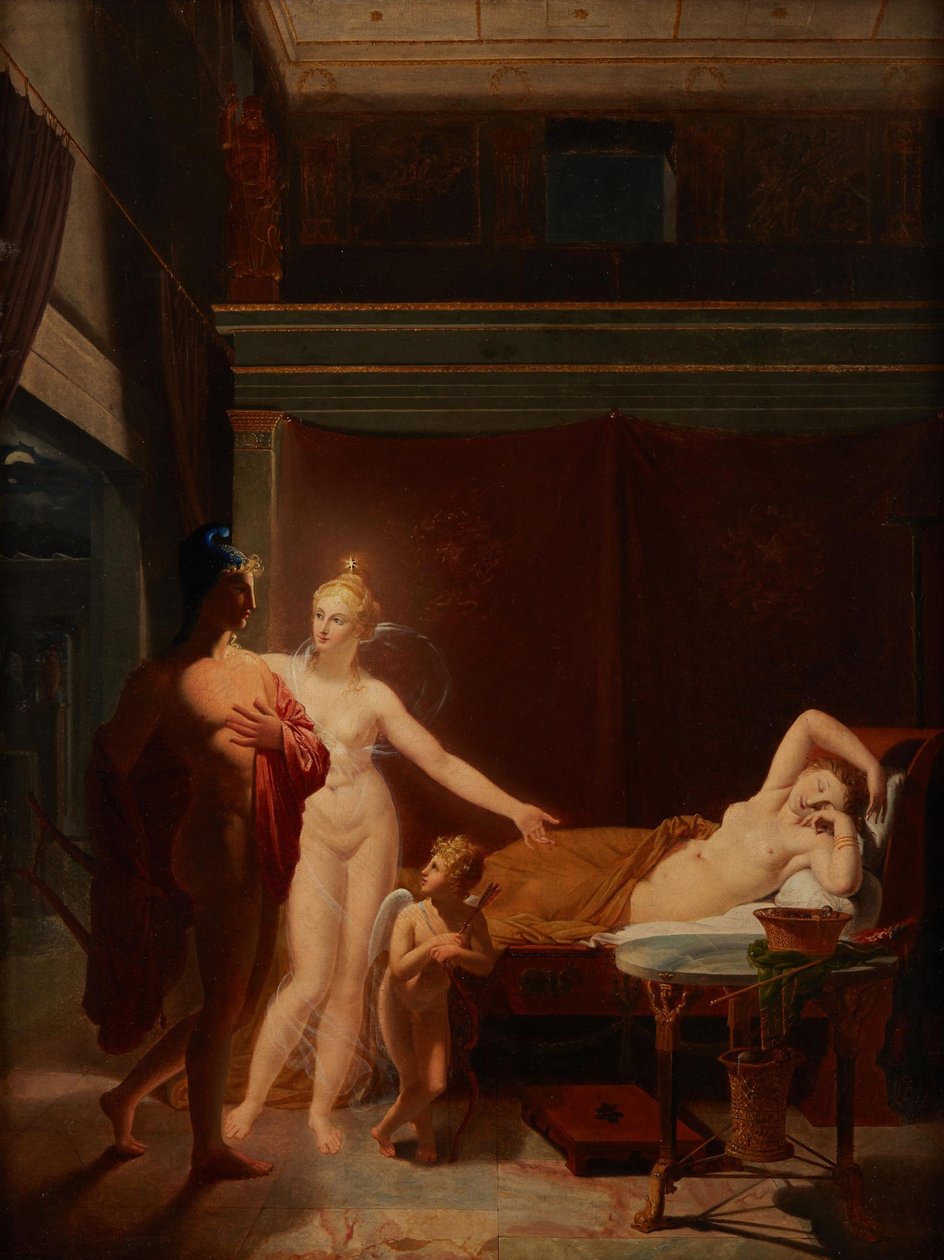 Paris og Helen Venus og Amor eskorterer Paris til Helens sengekammer, 1800. af Louis Ducros