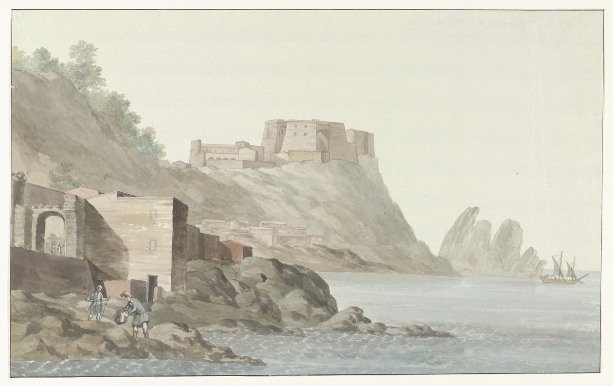 Bøvser i byen Scilla i de region Calabrië aan de oostkust Rock & Town of Scilla i Calabrien; udsigt taget fra den østlige side (titel på objektet) Rejser i Italien, Sicilien og Malta - 1778 (serietitel) af Louis Ducros