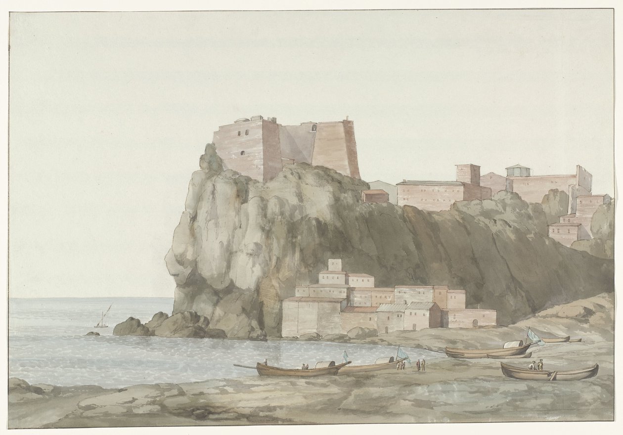 Bøsser i byen Scilla i de region Calabrië aan de westkust Rock & Town of Scilla i Calabrien; udsigt taget fra solnedgangssiden (titel på objekt) Rejser i Italien, Sicilien og Malta - 1778 (serietitel) af Louis Ducros