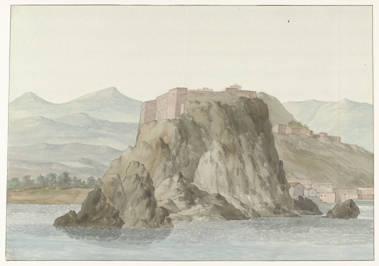 Klippe og by Scilla i regionen Calabrien set fra havet på nordsiden Rocher & Ville de Scilla og Calabre; vue prize en mer, du côté du Nord (titel på objekt) Voyage en Italy, og Sicile et à Malte - 1778 (serietitel) af Louis Ducros