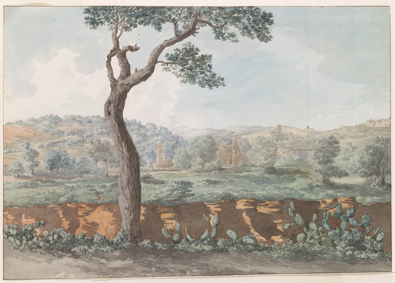 Ruïne af Castor og Pollux tempel inden for muren fra det gamle Agrigento Udsigt over ruinerne af Temple of Castor & Pollux i indhegningen af ​​det gamle Agrigentum (titel på objektet) Rejser i Italien, Sicilien og Malta - 1778 (serietitel) af Louis Ducros