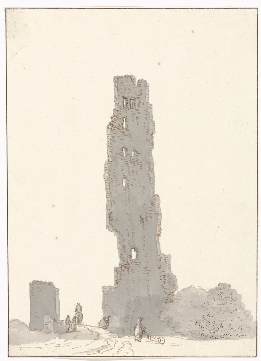 Ruïne af toren langs den store vej mellem Terracina og Fondi Torre delle sette facciate på hovedvejen mellem Terracina og Fondi (titel på objekt) Rejser i Italien, Sicilien og Malta - 1778 (serietitel) af Louis Ducros