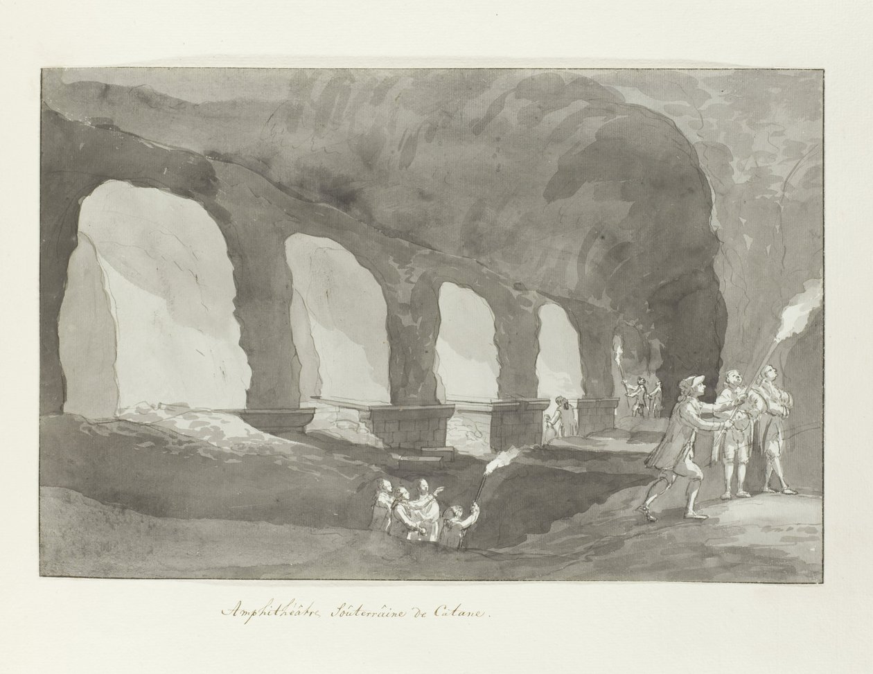 Underjordisk van het amfiteater fra Catanië Amfiteater i Catania (titel på objekt) Rejser i Italien, Sicilien og Malta - 1778 (serietitel) af Louis Ducros