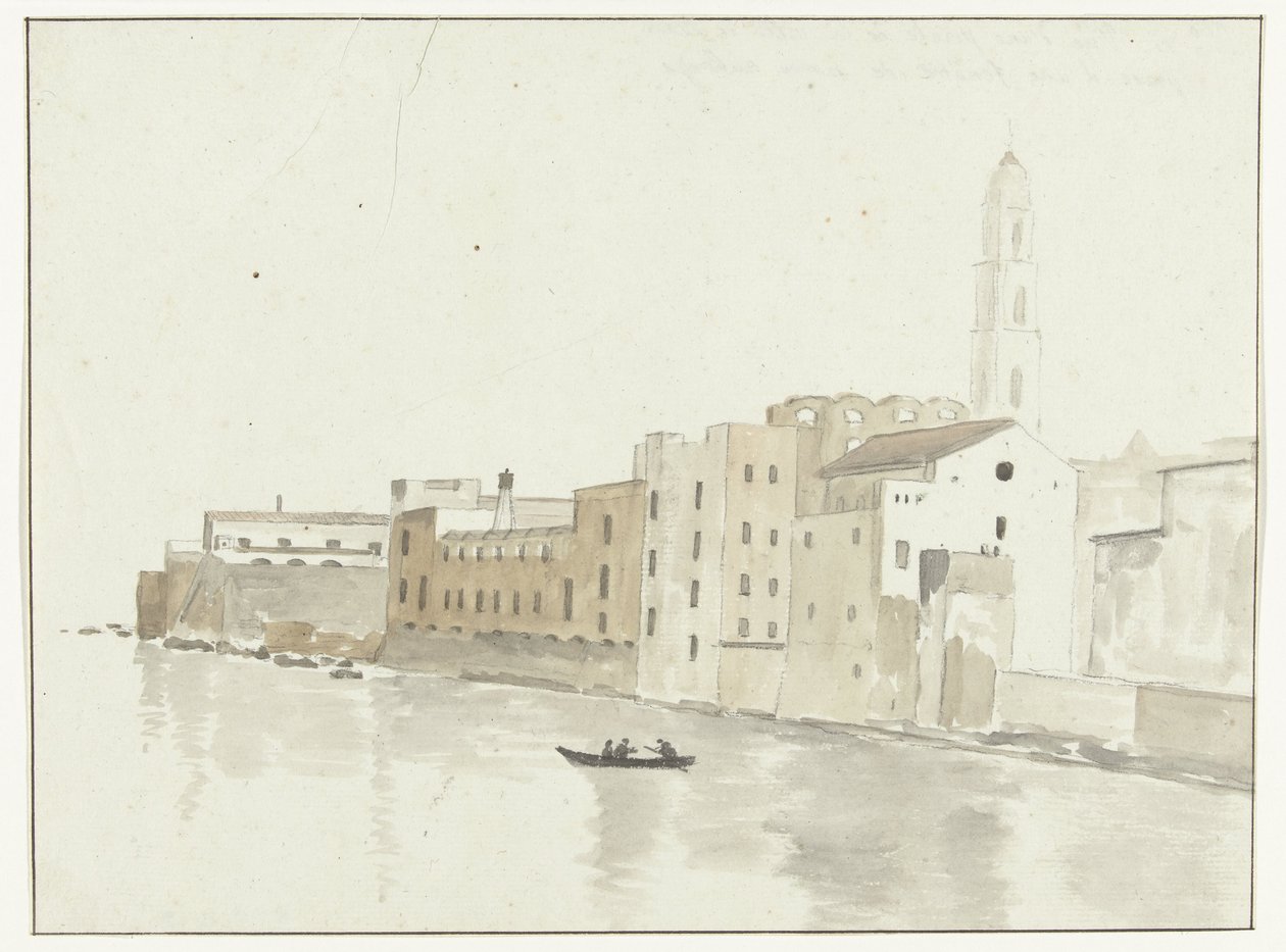Stadsgesigt i Bari fra et værelse i herberget Udsigt over et punkt i byen Bari, taget fra et vindue på vores hostel (titel på objekt) Rejser i Italien, Sicilien og Malta - 1778 (serietitel) af Louis Ducros