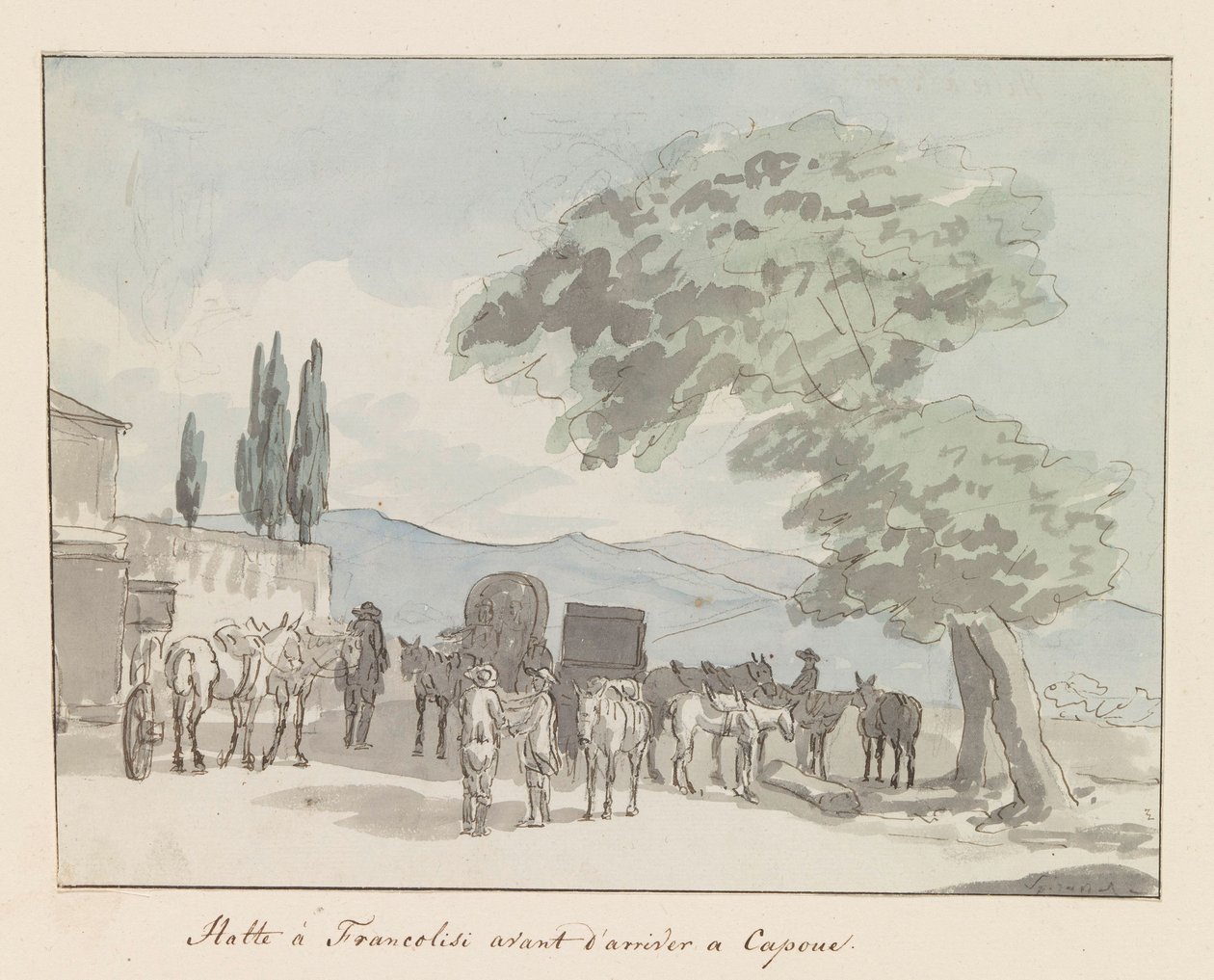 Stop i Francolisi voor aankomst i Capua Stop ved Francolisi før du ankommer til Capua (titel på objekt) Rejser i Italien, Sicilien og Malta - 1778 (serietitel) af Louis Ducros