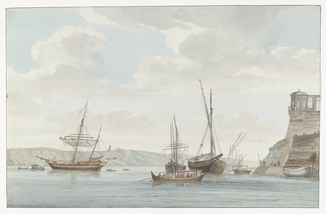 Tuinhuis van de Jardin du Grand Master uittorend boven de haven med gale schepen op Malta Pavillon du Jardin du Grand-Maître, overfor Port des Galères i Malthe (titel på objektet) Rejser i Italien, Sicilien og Malta - 1778 (serietitel) af Louis Ducros