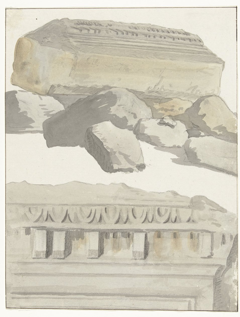 To stykker af en architraaf af det antikke tempel i den gamle by Manduria Udsigt over et værelse i architraven af ​​det gamle tempel i den antikke by Manduria Rejser i Italien, Sicilien og Malta - 1778 (serietitel) af Louis Ducros