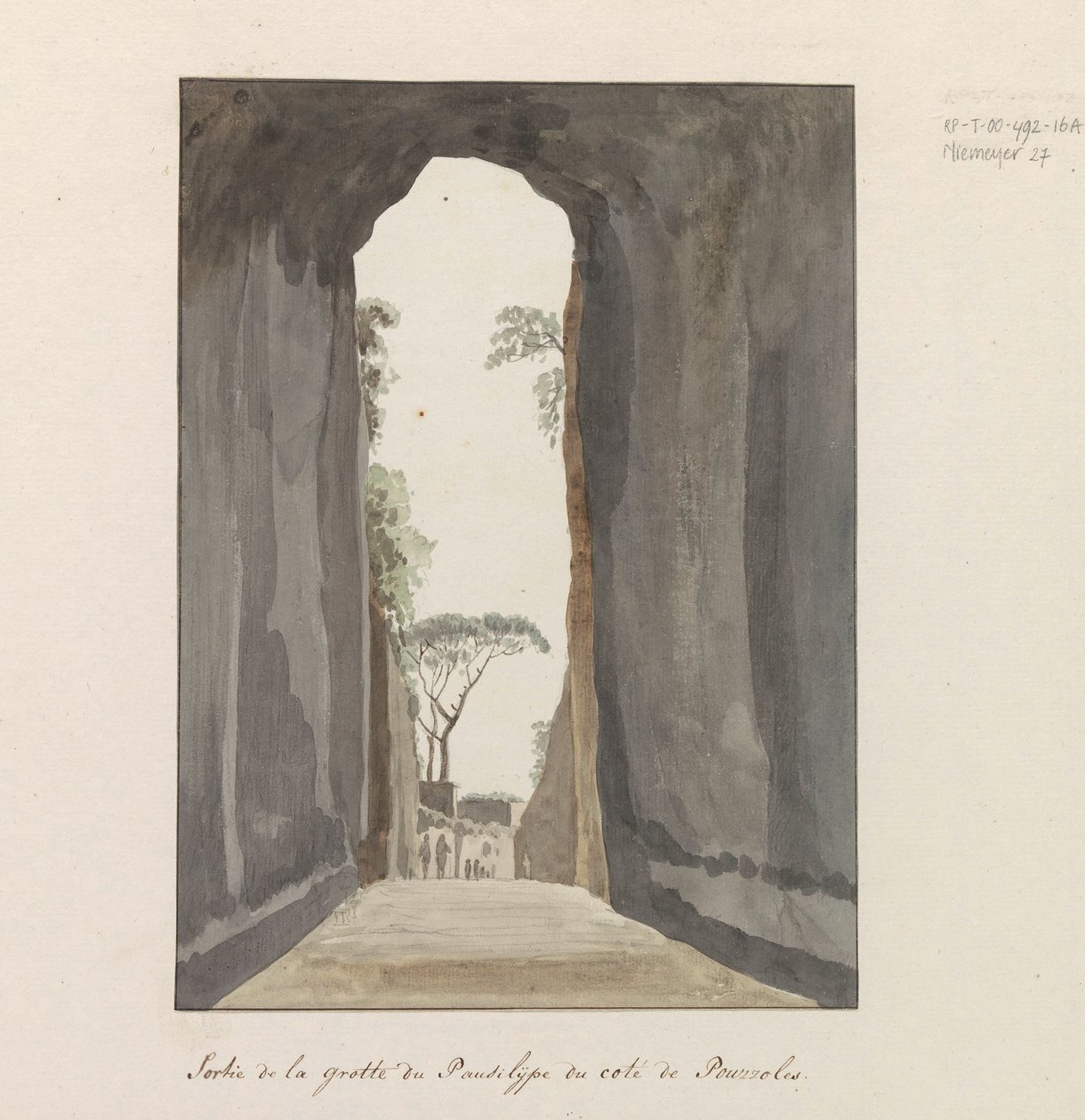 Uitgang van grot Crypta Neapolitana (af Grotta di Posillipo) langs de kyst af Pozzuoli Udgang fra Pausilype-hulen nær Pozzuoli (titel på objektet) Rejser i Italien, Sicilien og Malta - 1778 (serietitel) af Louis Ducros