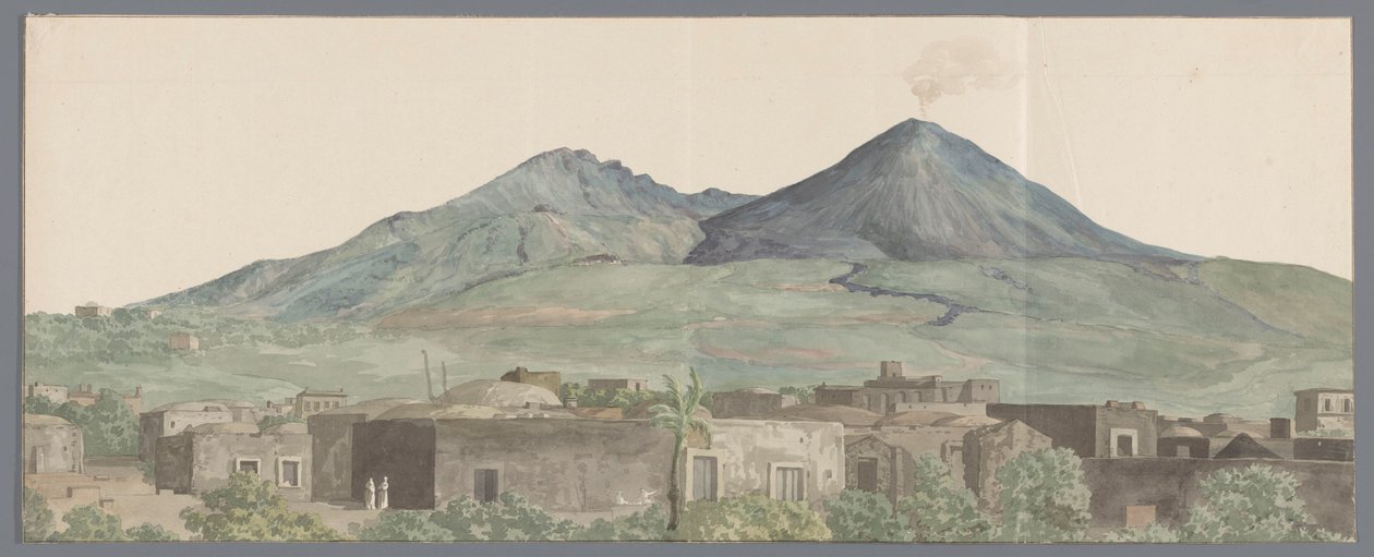 Vesuv set fra Portici med lavastromen fra 1777, 1771 og 1731 Vesuv set fra Portici med lavaerne fra 1777, 1771, 1731 (titel på objektet) Rejser i Italien, Sicilien og Malta - 1778 (serietitel) af Louis Ducros