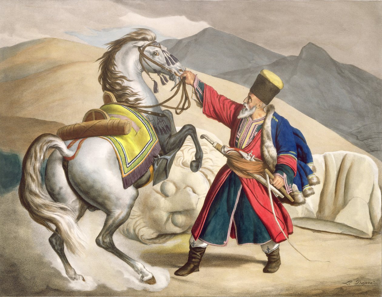 En tatar med sin hest, indgraveret af Thierry Brothers, 1825 af Louis Dupré
