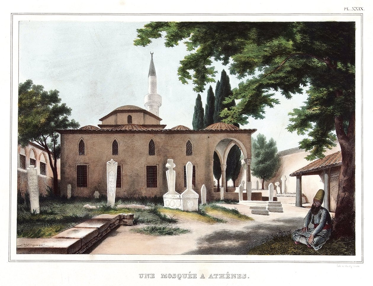 En moské i Athen. i "" Rejsen til Athen og Konstantinopel, eller samling af græske og osmanniske portrætter, udsigter og kostumer, malet på naturens steder, litografier og farver af Louis Dupre (1789-1837), Davids elev.1825. af Louis Dupré