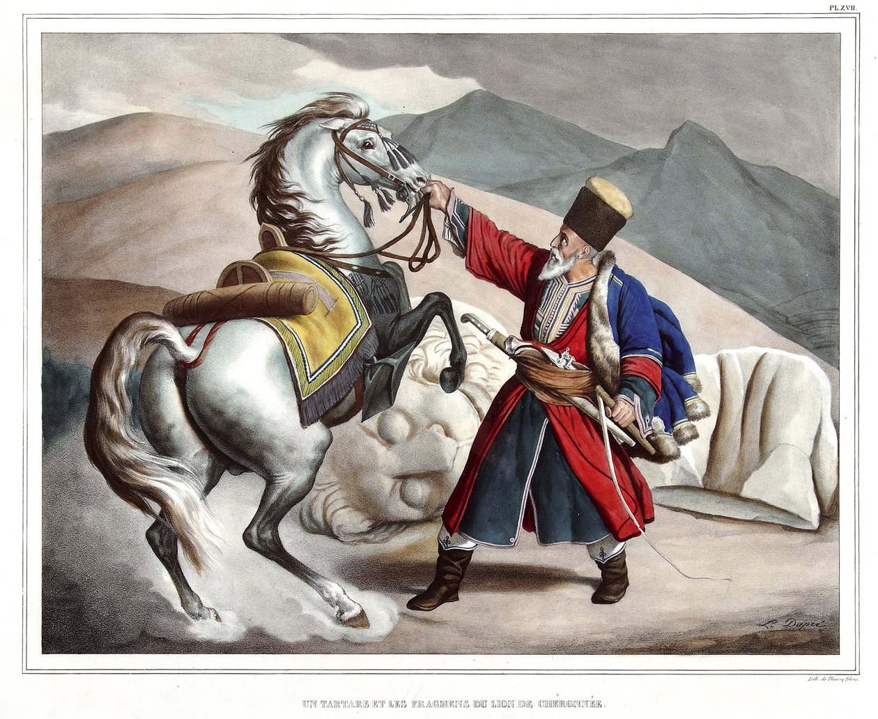 En tatar og fragmenter af løven fra Cheronnee. i "" Rejsen til Athen og Konstantinopel, eller samling af græske og osmanniske portrætter, udsigter og kostumer, malet på steder i naturen, litografier og farver af Louis Dupre (1789-1837), elev af Davi af Louis Dupré